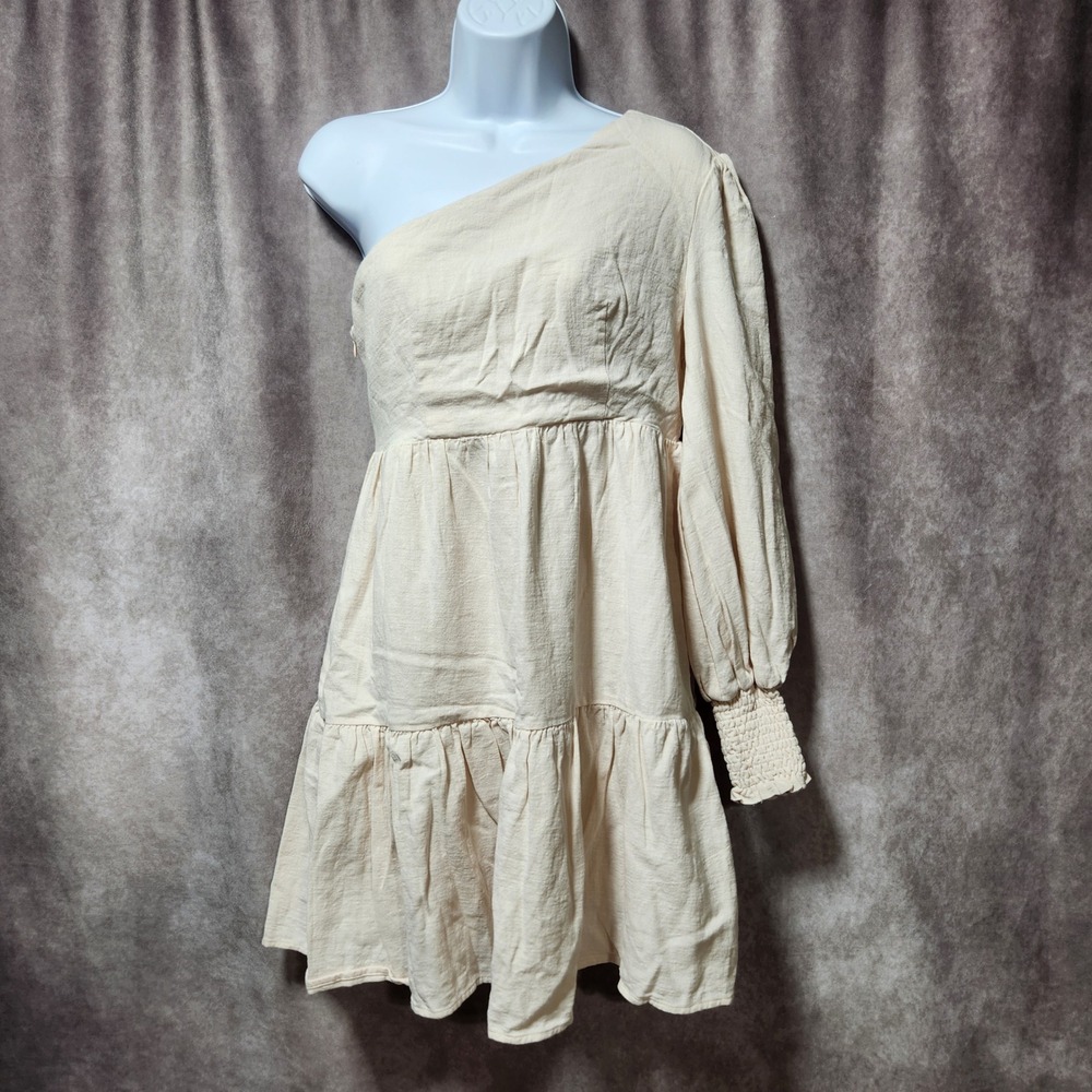 Girl and the Sun Cream One Shoulder Linen Blend Tiered Mini Dress Womens Medium